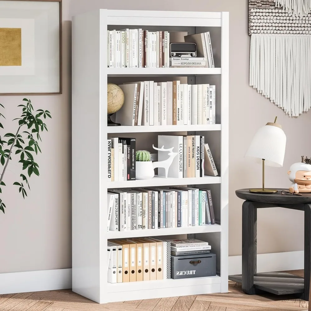 

5-Tier Bookcase with Adjustable Storage Shelves, White Book Shelf with Book Stopper, Modern Bookshelf for Living