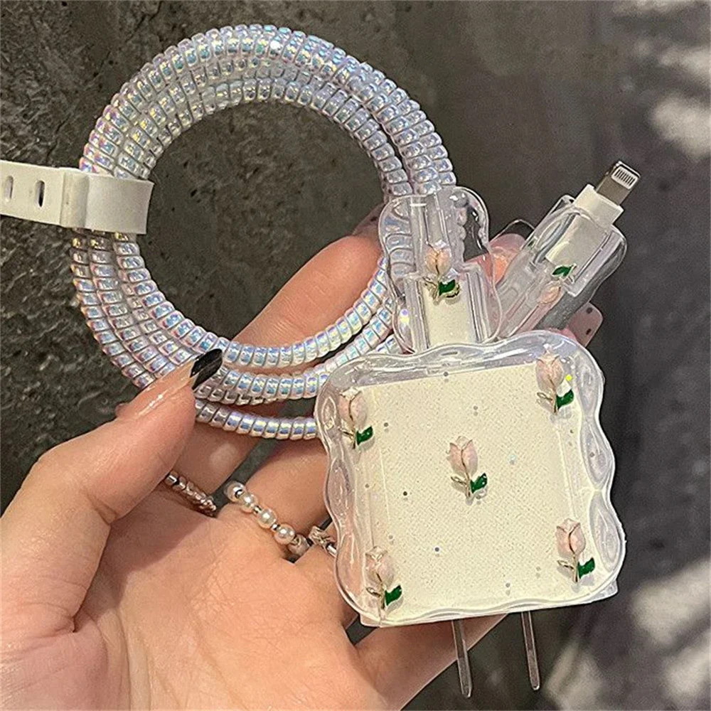 Cute 3D Metal Tulip Glitter USB Cable Protector Cover for IPhone 15 14 13 18W-20W Data Line Bite Head Cord Fast Charging Case