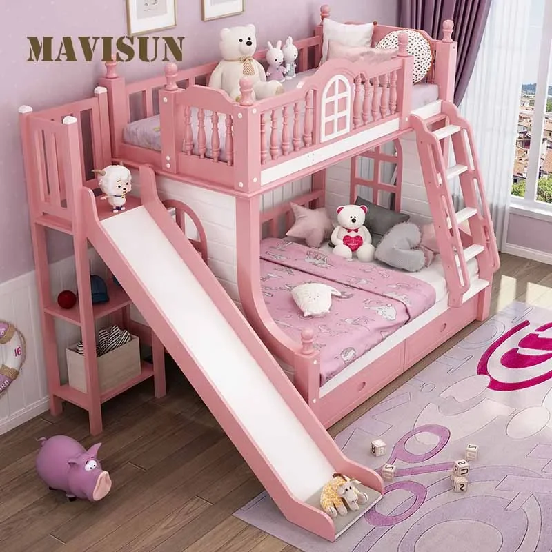 Litera de madera maciza de estilo nórdico para niños, cama de princesa, muebles multifuncionales de diseño para dormitorio