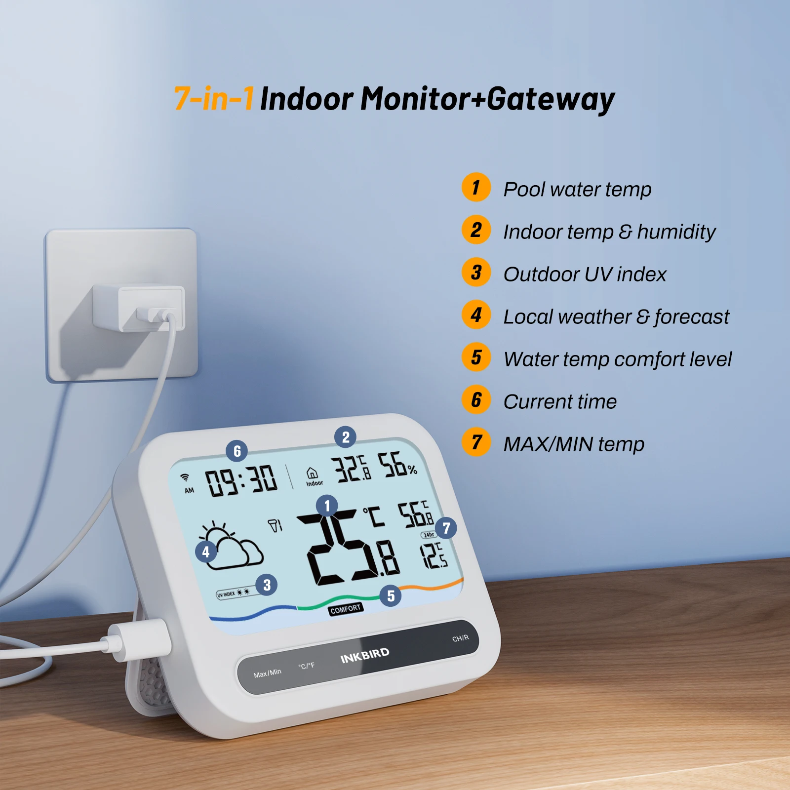 INKBIRD Solar-Pool-Thermometer mit WiFi-Temperatur- und Luftfeuchtigkeitsmonitor, IP68, wasserdichtes Thermometer für Teiche, Whirlpools und heiße Quellen