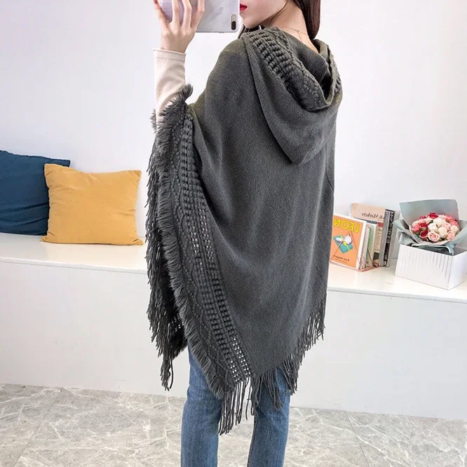 Spring Autumn New Women Winter Knit Hooded Poncho Cape Crochet Fringed Tassel Shawl Wrap Sweater Even Hat Girls Keep Warm gray