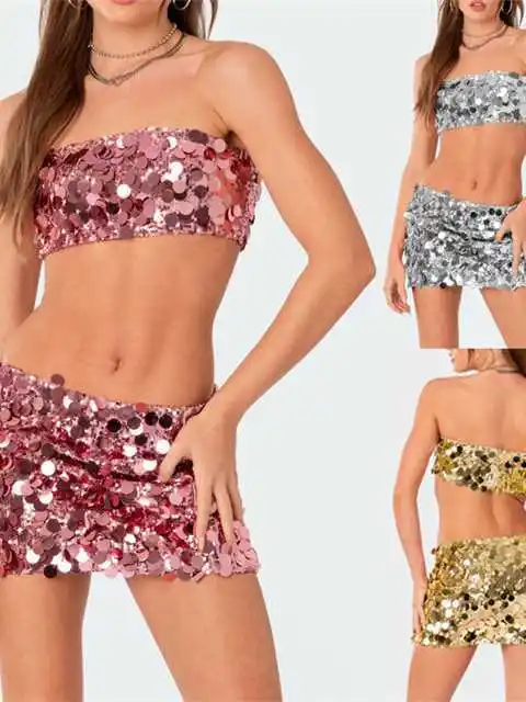 

Сексуальный комплект из блестящего топа-бандо и короткой юбки с пайетками, женский облегающий костюм с низкой талией для выступлений, сверкающий топ-бандо