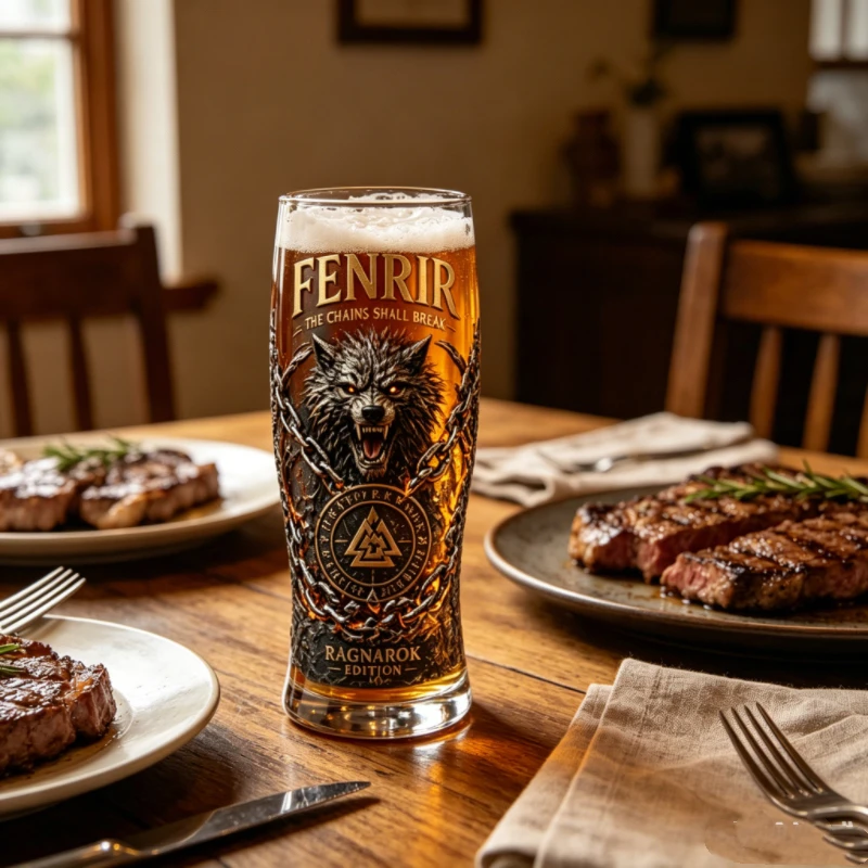 Fenrir Wolf Viking Printed Glass Mug, Norse Mythology Whiskey Cocktail Cup, Bar Home Party Beer Drinking Glassware Collection
