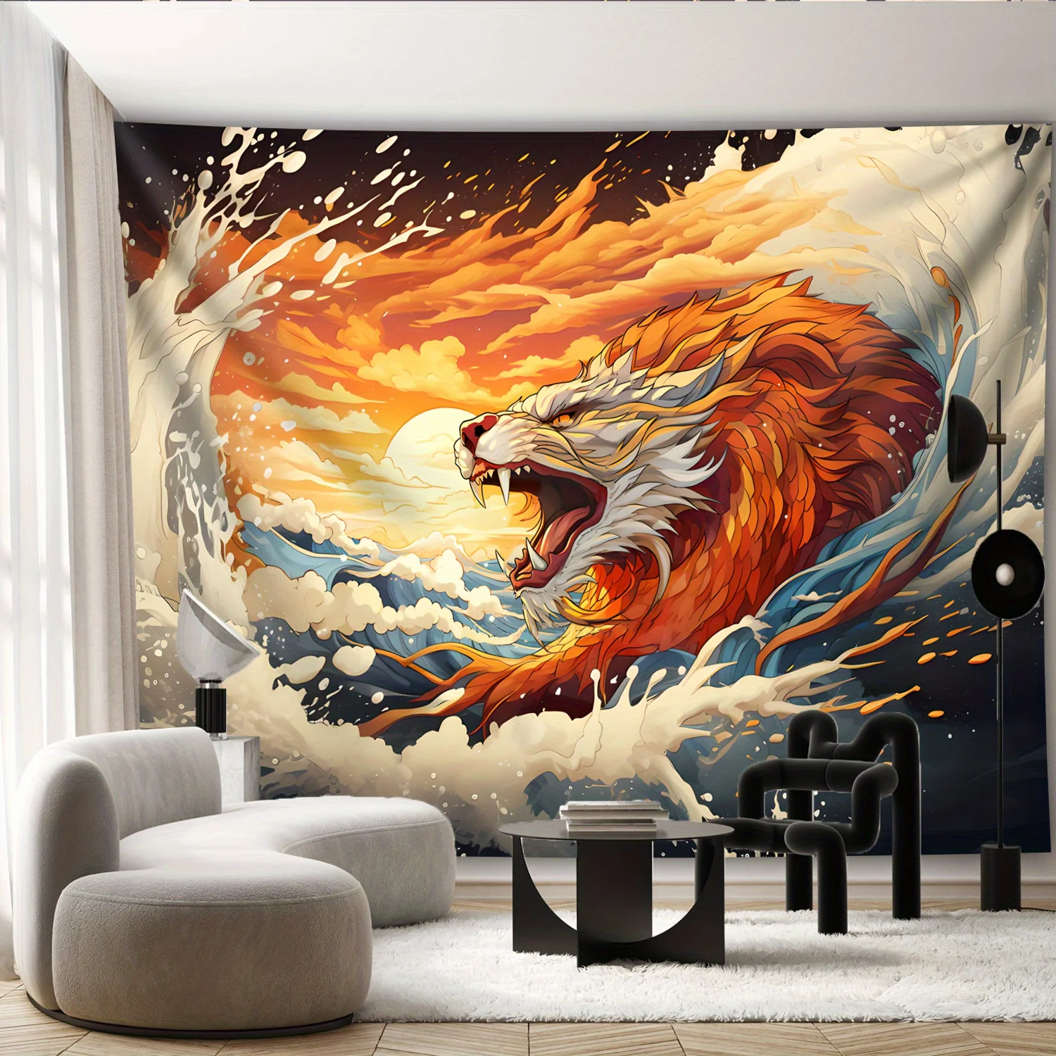 Chinese Fire Dragon Scene Tapestry Ocean Wave Background Fantasy Art Wall Hanging for Living Room or Bedroom Decoration