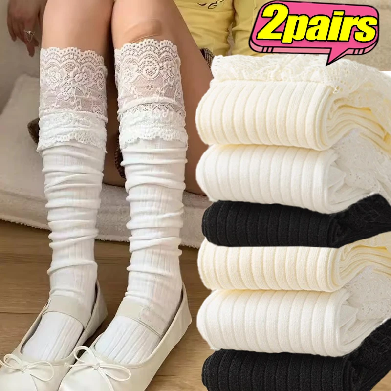 

2pairs Women Thicken Knitted Solid Color Lace Stockings Thigh High Socks Autumn Winter Sweet Lolita Long Socks Boots Cover Socks