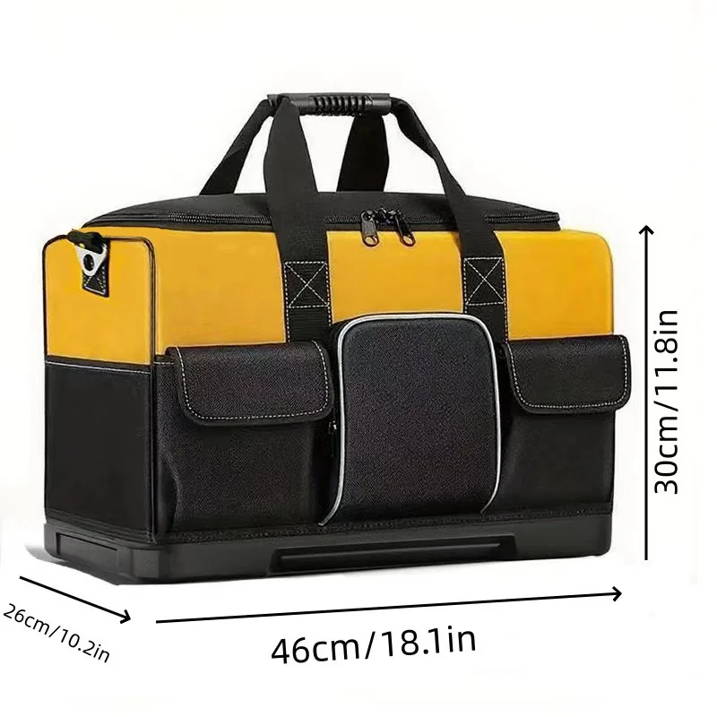 Robuste Werkzeugtasche mit breiter Öffnung, geformtem Boden, verstellbarem Schultergurt, strapazierfähiger Polyesterkonstruktion, gelb-schwarz – Detail 6