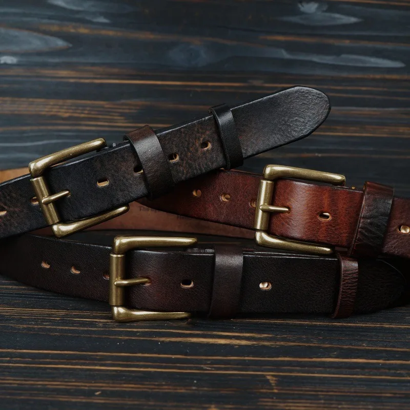 

Retro Style Handmade Pure Top Layer Cowhide Men's Work Pants Casual Trend Versatile Belts Brass Buckle Genuine Leather Belt