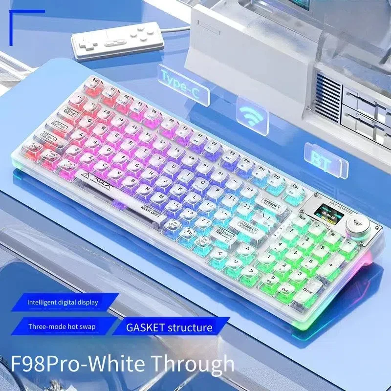 Le clavier mécanique à trois modes Bluetooth sans fil transparent F98pro comprend une structure de joint en cristal de glace et est échangeable à chaud