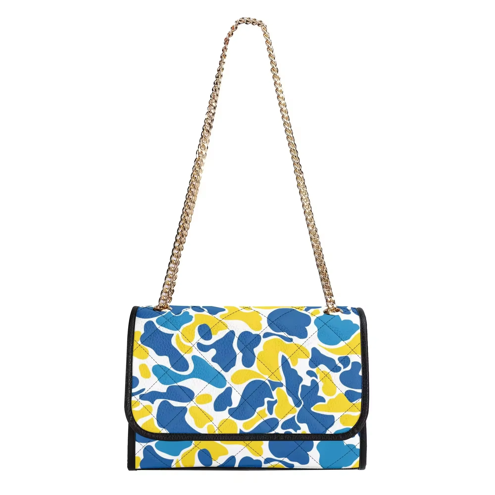 Women Blue Yellow Camo Quilted Shoulder Bag Gold Chain Strap Crossbody Purse Lady Trendy Camouflage Flap Handbag for Daily Party