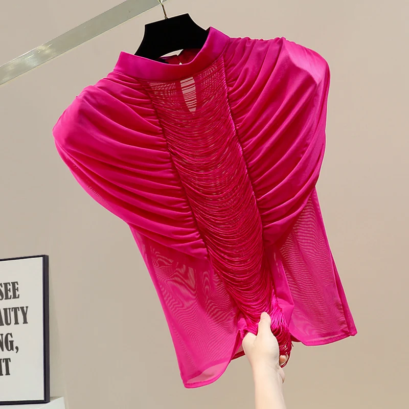 

Elegant Pleated Design Stand Collar Sleeveless Slim Top Women Summer New Versatile Blouse