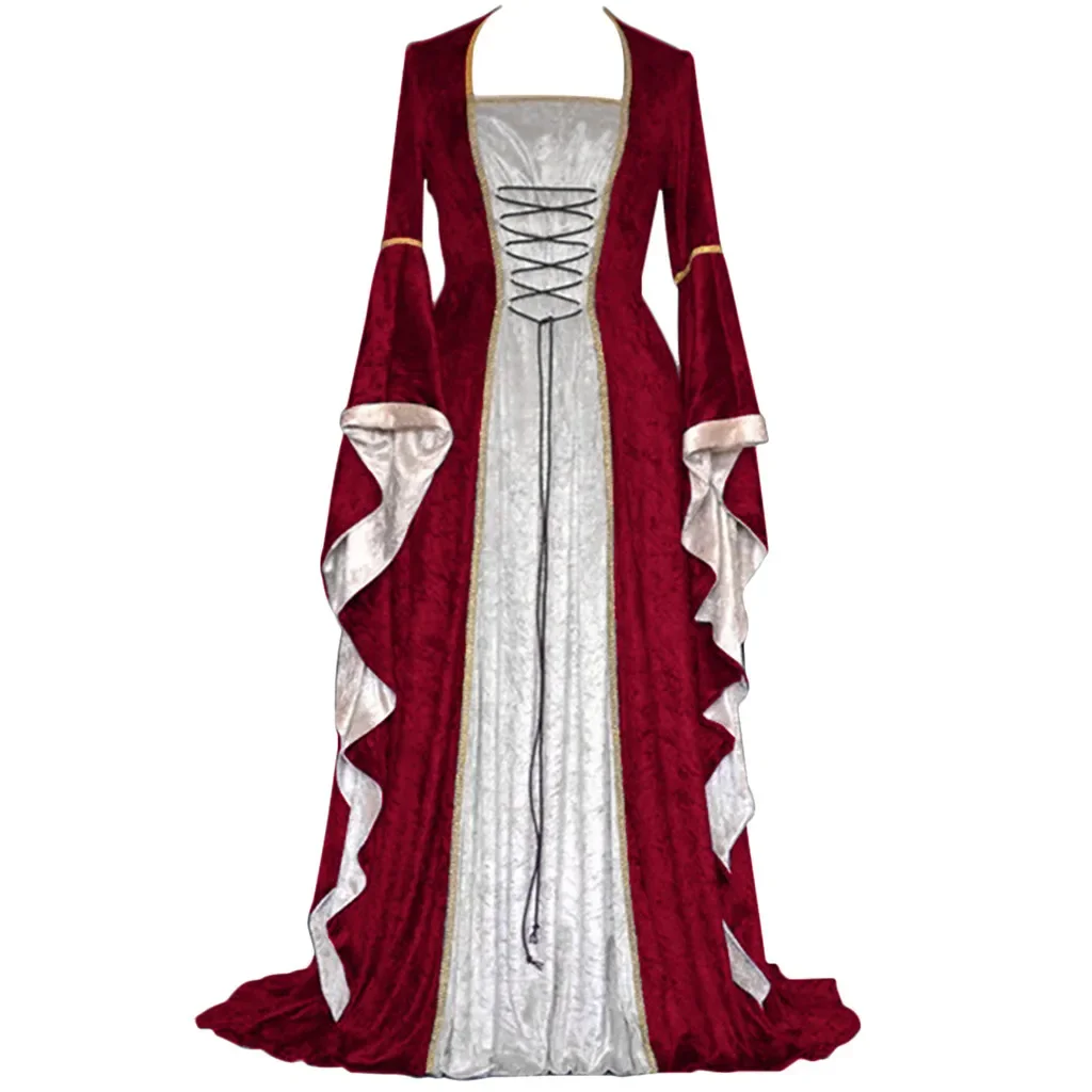 

Long Dress Elegant Witch Square Collar Masquerade Halloween Women Medieval Retro Court Cosplay Costume