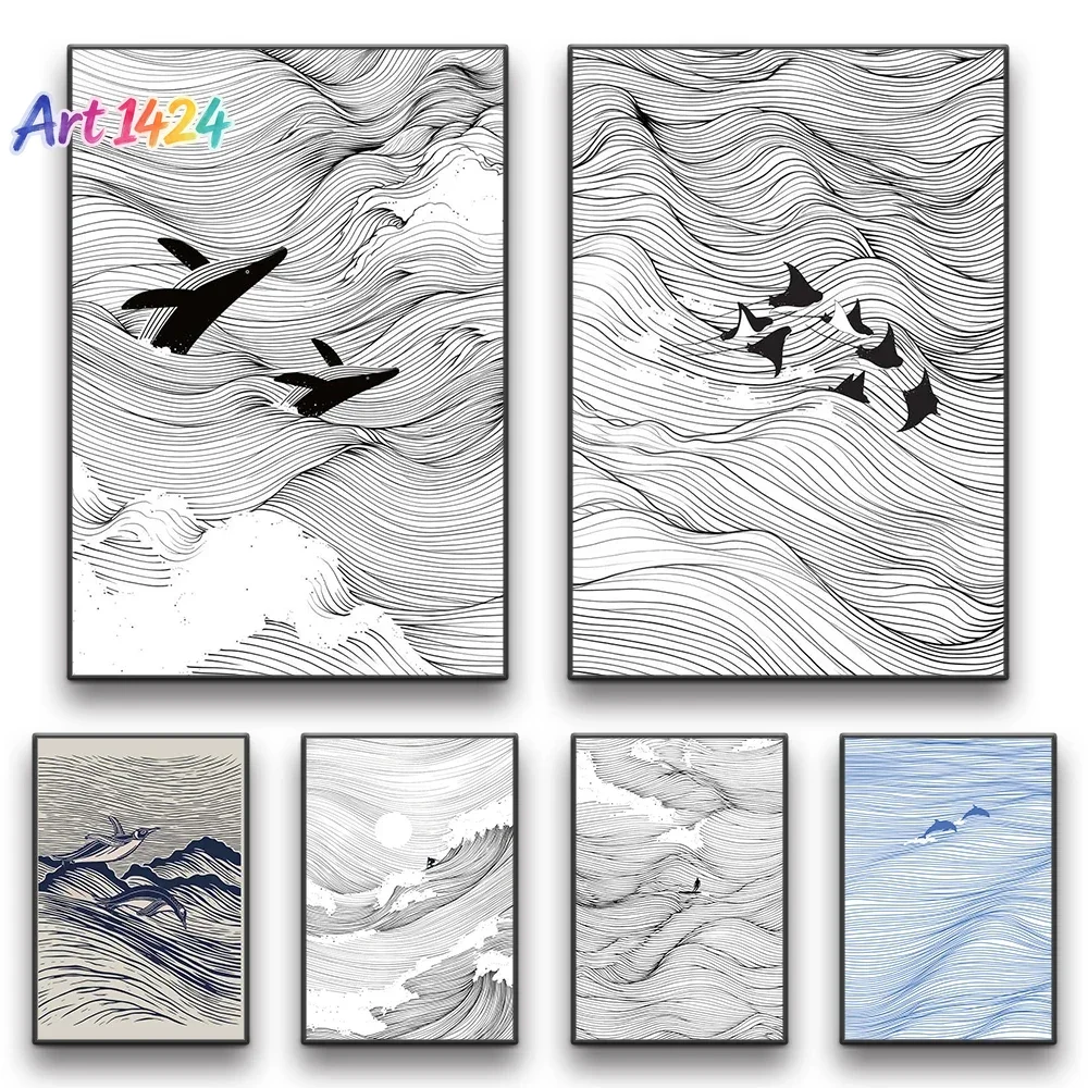 Waves Line Art Pictures Surfing Penguin Manta Dolphin Whale Prints Canvas Painting for Home Living Room Decoration