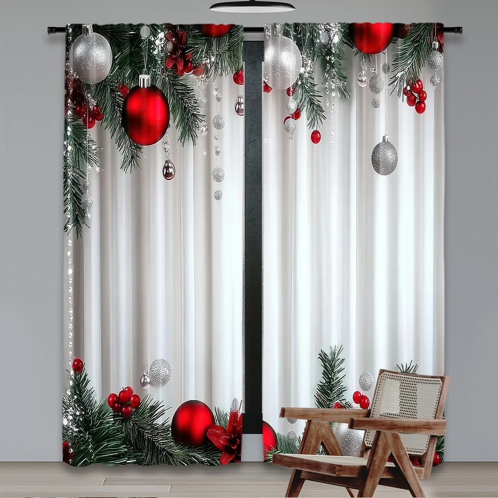 2pcs 2D flat printing Christmas Hot Curtains FestiveOrnaments(1) scopic and stylish 100% polyester fiber Festive Curtains Use