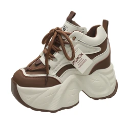 10CM Women High Platform Sneakers Autumn Winter Lace-up Chunky Shoes Heels Thick Sole Casual Shoes Woman Sport Leather Sneakers