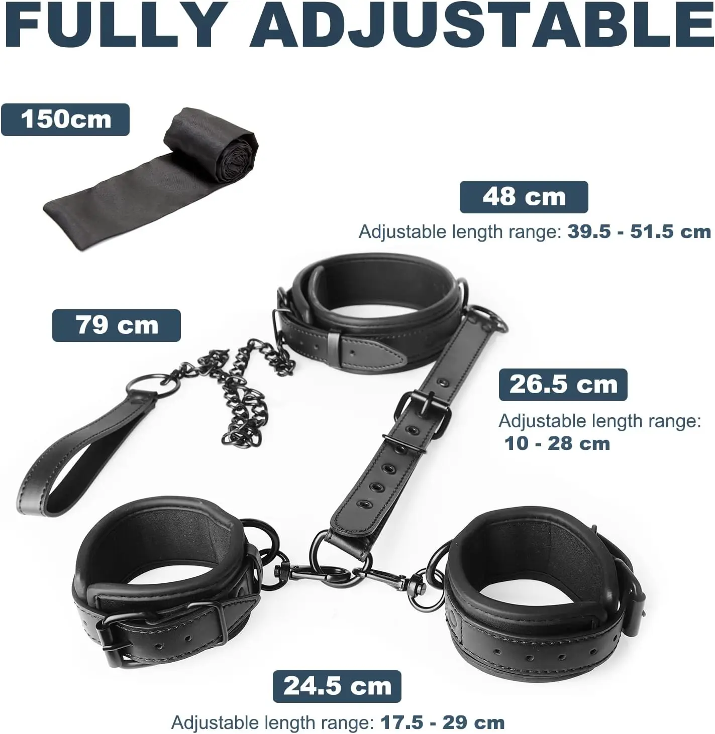 

BDSM Restraints Set, 5 Pcs Bed SM Kit with Adjustable Handcuffs Collar, Rope, Blindfold, Detachable, Bondage