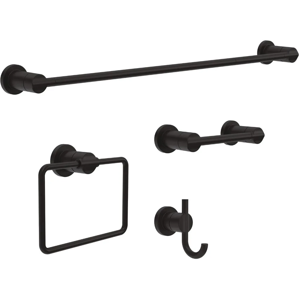 

Delta Nicoli 4-Piece Matte Black Bathroom Hardware Set: Towel Rack, Toilet Paper Holder, Hand Towel Holder, and Towel Hook