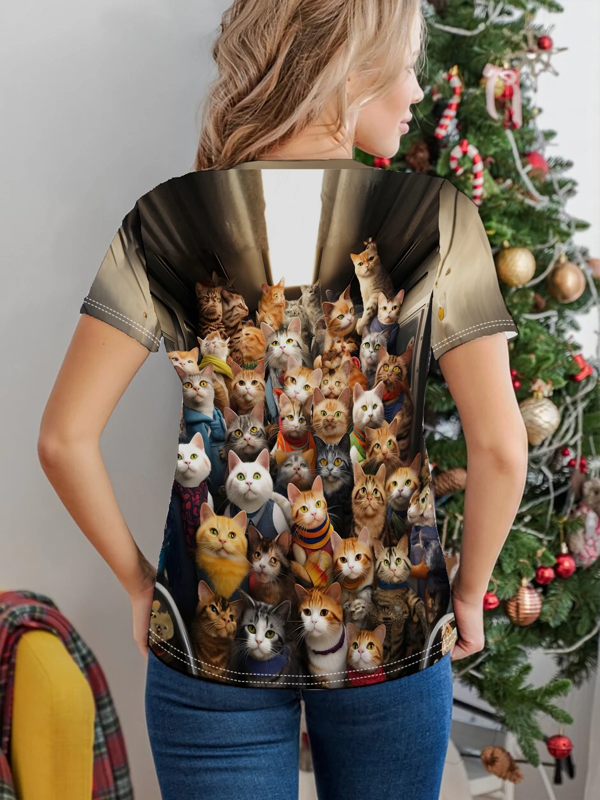 Many cute little cats Print T-shirt, Casual Crew Neck Short Sleeve Top For Spring & Summer, Women's Clothing