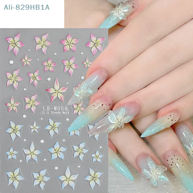 1sheet Pink Lily Flower Nail Sticker Relief 3D Jelly Five Petal Flower Nail Art Decoration Decals Diy Selfadhesive Sliders