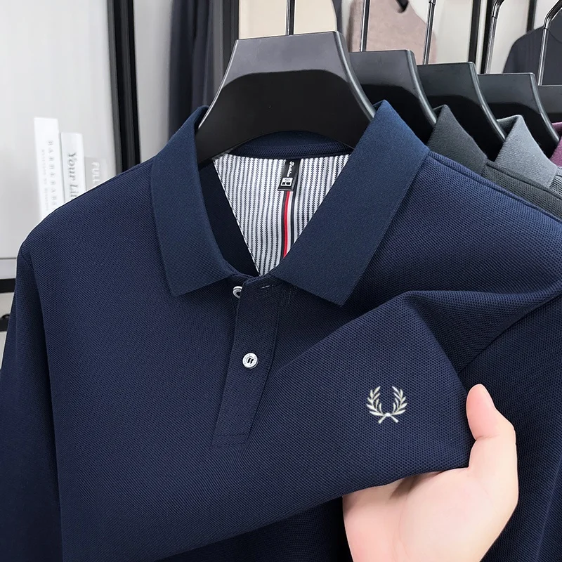 

100% pure cotton men's new autumn high-end brand long sleeved polo shirt fashionable embroidery golf top casual business T-shirt
