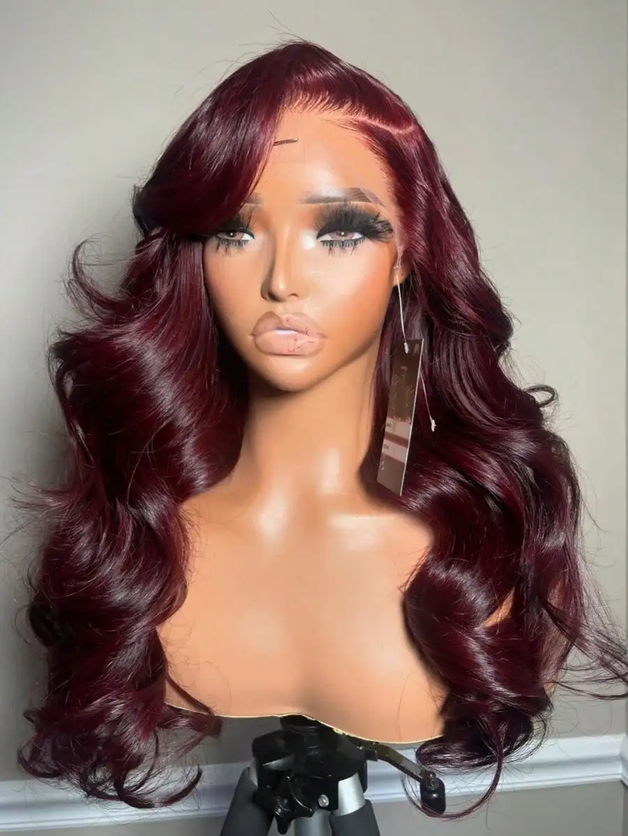 34 pulgadas 200% 99J Color burdeos 13x4 pelucas frontales de encaje transparente cabello humano onda del cuerpo prearrancado con pelo de bebé para mujeres