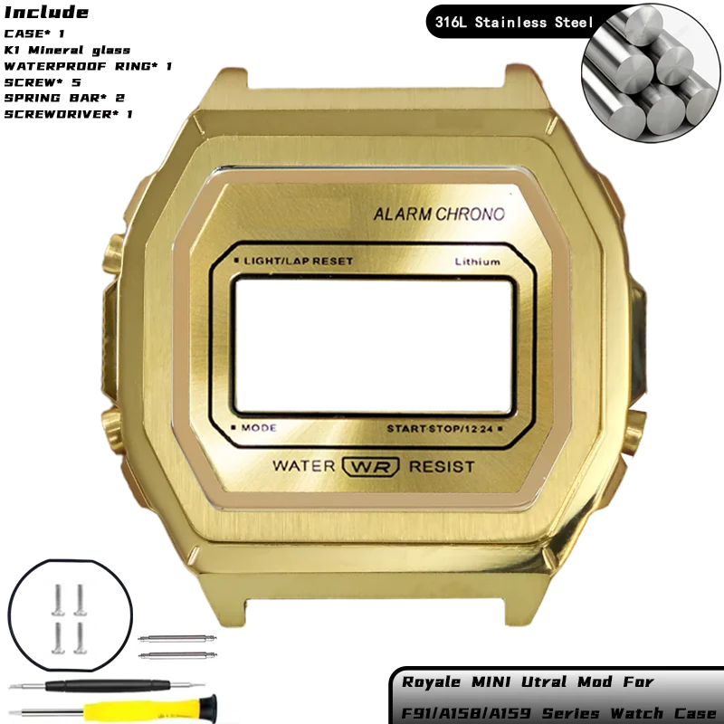 Royale Ultra Mod für CASIO F-91/A158/A159 Uhrengehäuse 316L Edelstahl K1 Mineral Poliert Gebürstetes Mattes Gehäuse Sunray Zifferblatt-Set – Detail 20