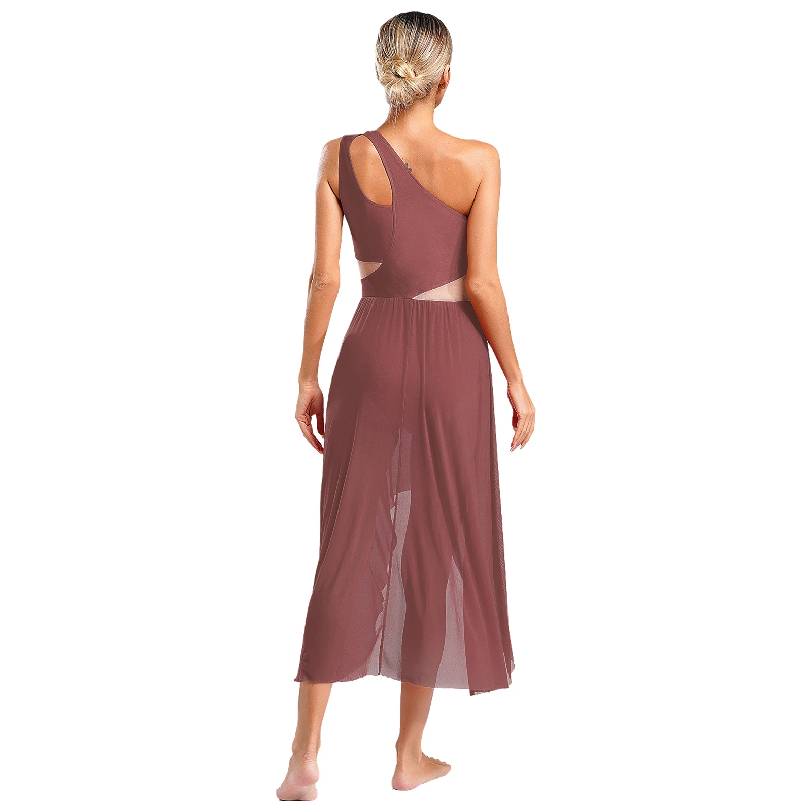 Womens Ballet Lyrical Dance Dress Ballerina Costume Rhinestones One Shoulder Sleeveless Cutout High-Low Flowy Dress Dancewear