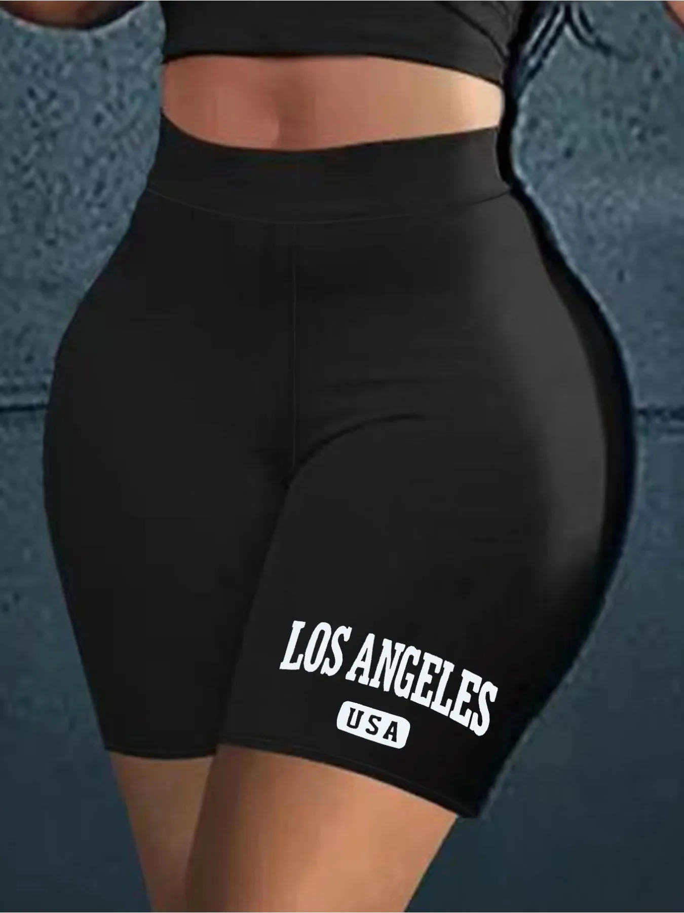 

Women's High-waisted Los Angeles Printed Yoga Shorts Stretch Casual Summer Sportswear with Elastic Belt Machine Washable Black