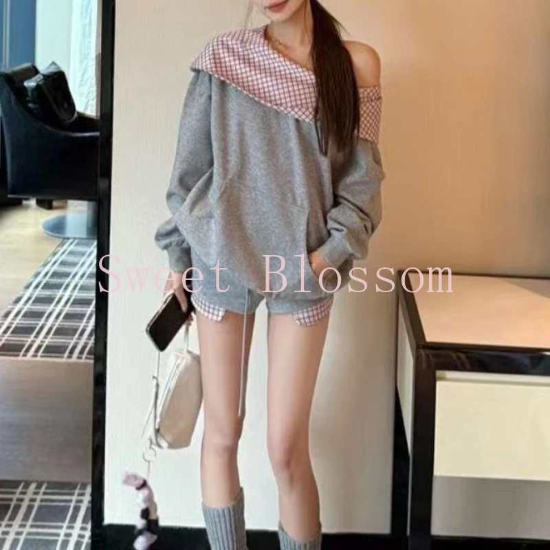 Koreanische Casual Adrette 2-teiliges Set Frauen Off Schulter Plaid Patchwork Tops + Dünne Shorts Neue Täglichen Tragen Mode Anzug 2025