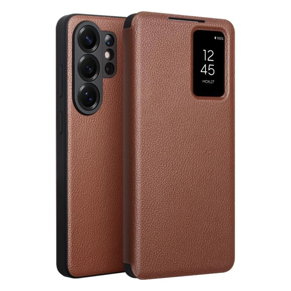 For Samsung Galaxy S26 Ultra Case Luxury Classic Genuine Leather Flip Folio Leather Flip Shockproof Auto Wake Sleep