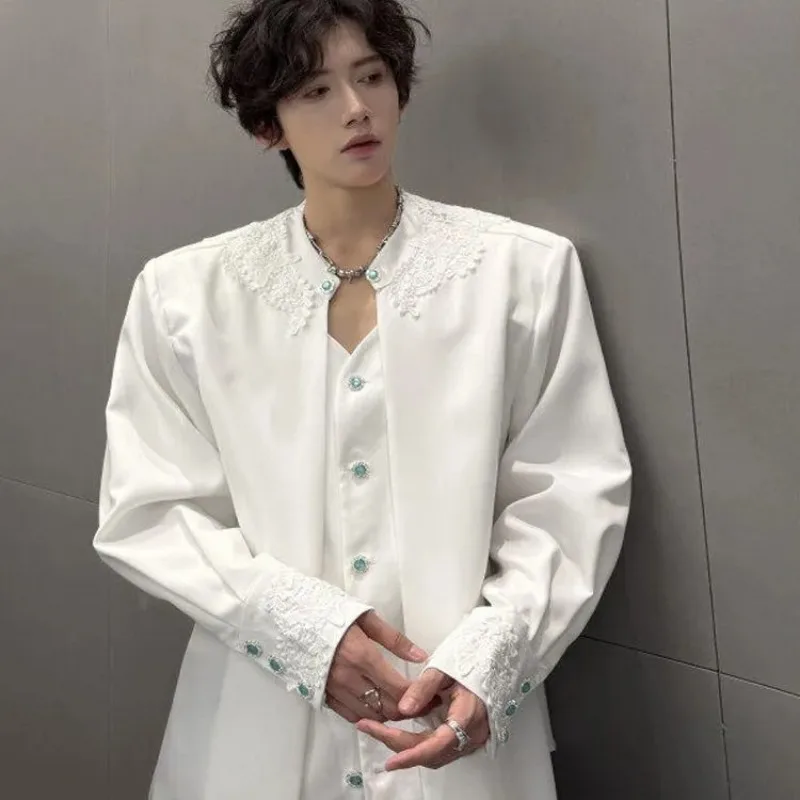 Men's Clothing Embroidered Versatile Shoulder Pad Shirt Trendy Brand Handsome Long-sleeved Lace Elegant High-end Shirt