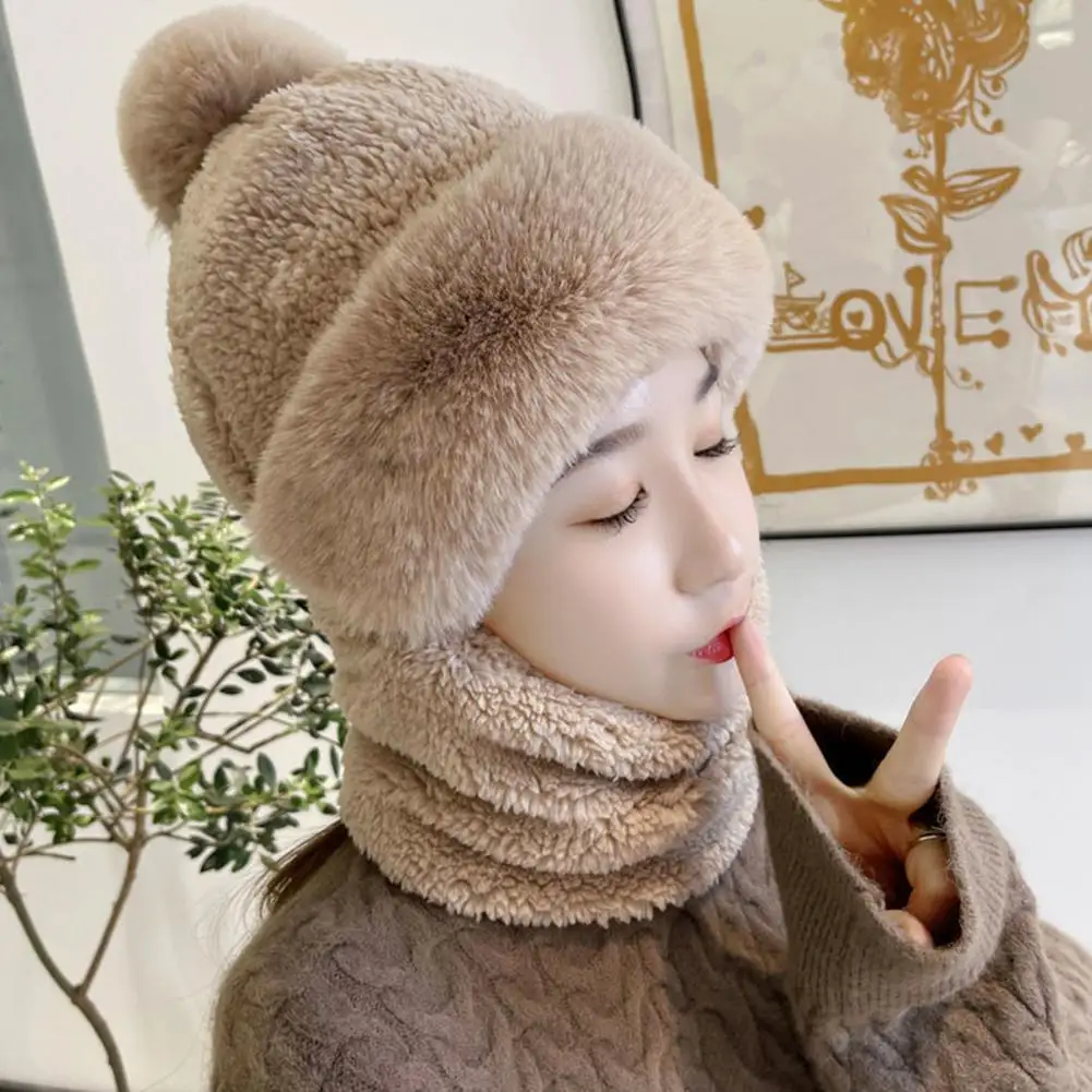 

Women Plush Ball Decor Scarf Hat Solid Color Thickened Neck Warm Windproof Hat Thick Fluffy Beanie Winter Headgear