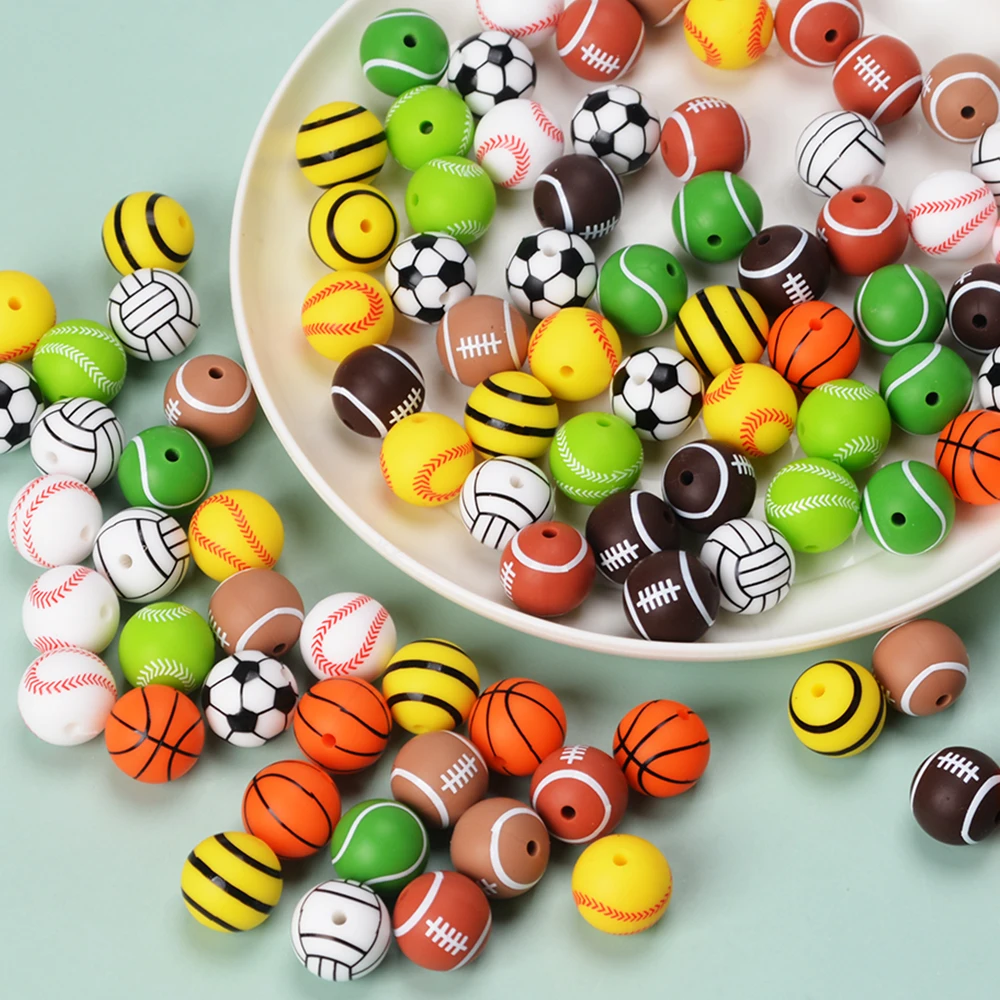 LOFCA 10Pc Printed Silicone Beads Round 15MM Soccer Baseball Tennis Basketball Silicone Printed Bead DIY Jewelry Accessories