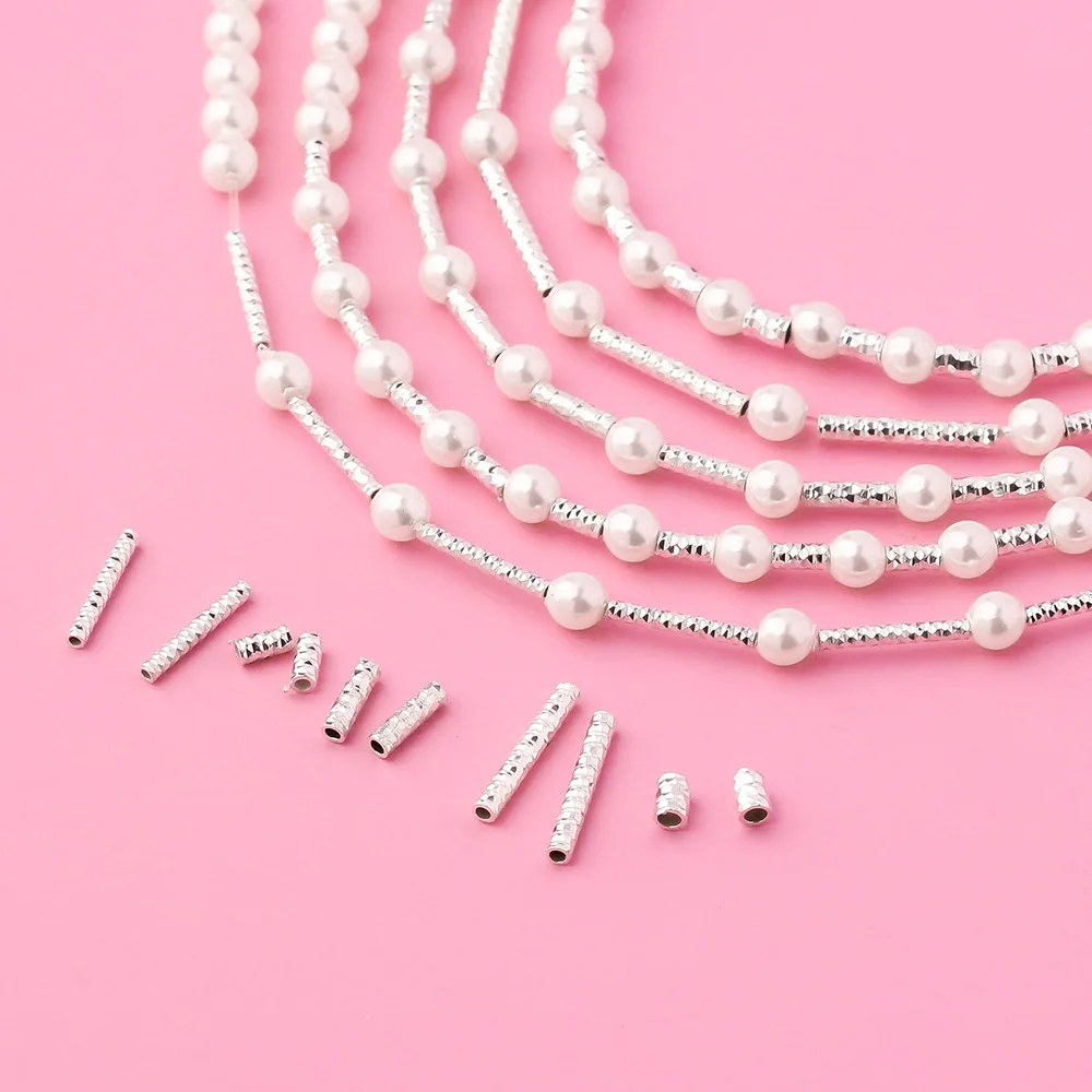 Tubo floreale smerigliato con struttura in cristallo di ghiaccio Perlina cava dritta in argento sterling S925 per la creazione di gioielli con perle