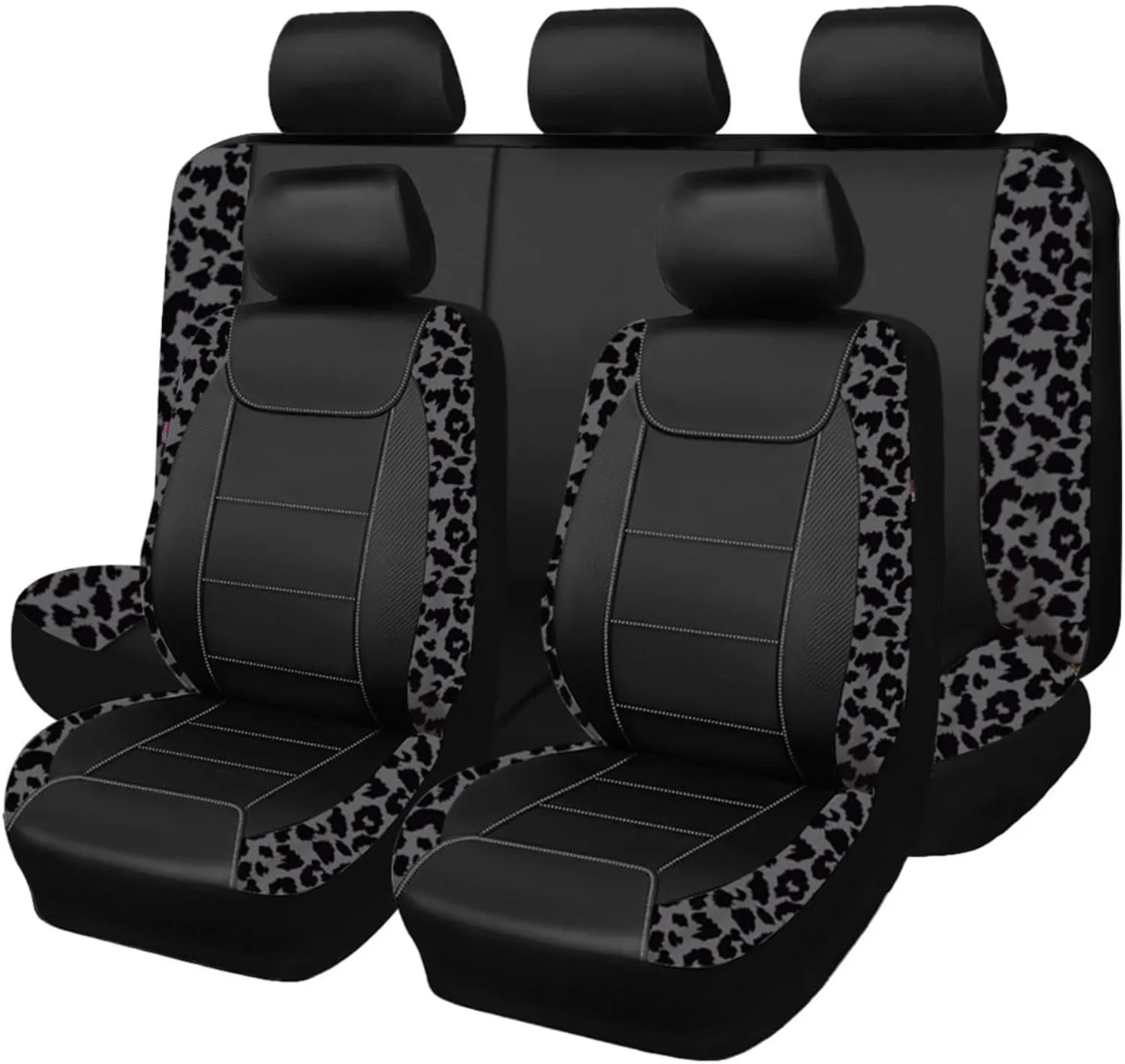 

Carbon Fiber Leather Vehicle Seat Covers, Leopard Gray Black, Universal Fit - 8PCS