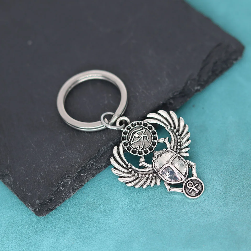 Porte-clés en acier inoxydable pour hommes et femmes, coléoptère égyptien, scarabée, œil de Ra Horus, symboles, clé de vie Ankh, amulette, cadeau de bijoux