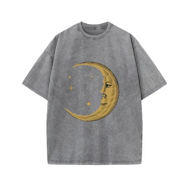 Menswear 230g Vintage Washed Moon & Star Graphic T-Shirt - Men's Oversized Short-Sleeve Round Neck Casual Top