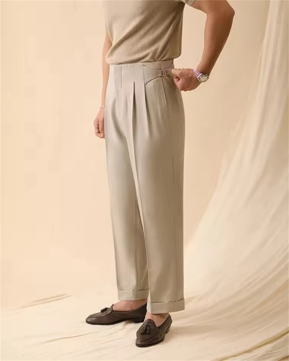 New Serge Men's Summer Straight Pants Paris Button Non Ironing Loose Fitting Business Naples Casual Pants High Waisted