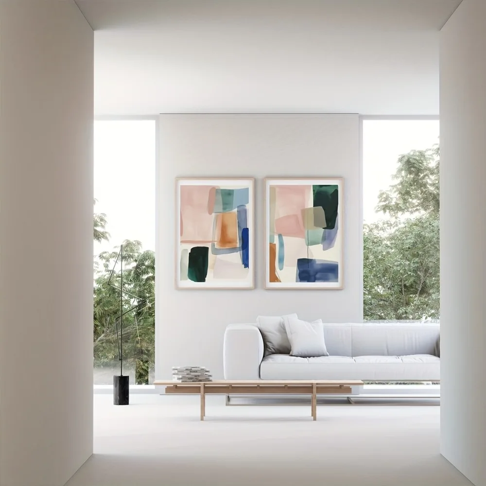 2pcs Frameless Abstract Watercolor Prints,Contemporary Geometric Canvas,Simple Decor,Soft Retro Style,Modern Home Multicolor Art