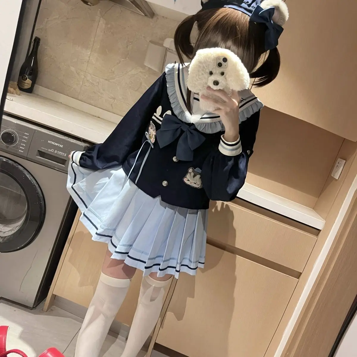 

Japan Preppy Style Sweet JK Piece Sets Women Navy Collar Coat + Blue Pleated Skirt New Harajuku Kawaii Suits Autumn Hat