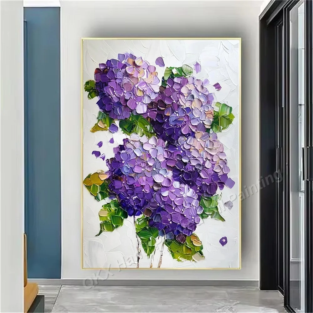 Hand-Painted Oil Painting Purple Hydrangea Floral Wall Art Decor Palette Knife Technique Vertical Form for Living Room