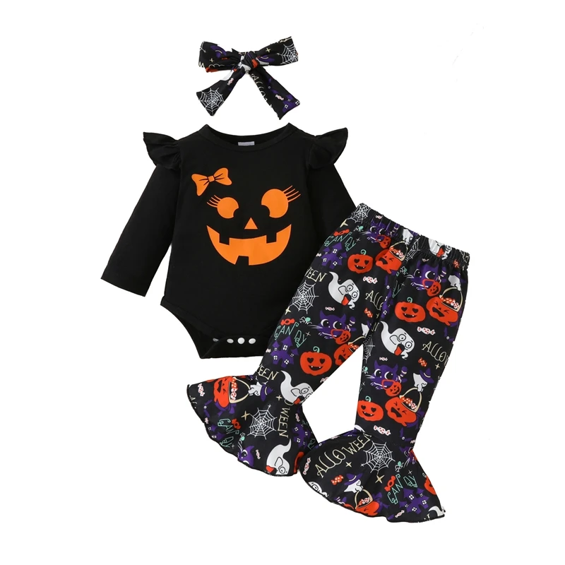 Baby Girl Halloween Outfits Pumpkin Face Print Long Sleeve Romper Ghost Print Flare Pants Headband 3Pcs Clothes Set