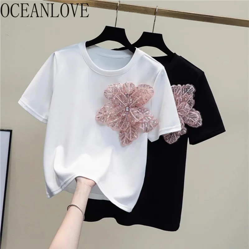 OCEANLOVE 3D Flowers T Shirt per le donne che borda primavera estate Vintage elegante Ropa De Mujer moda coreana Chic Camisetas