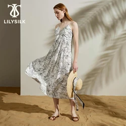 LILYSILK  Silk Dress for Women 2024 Summer New Luxury Casual Floral Sketch V-neck Fashion Long Holiday Dress Free Shipping