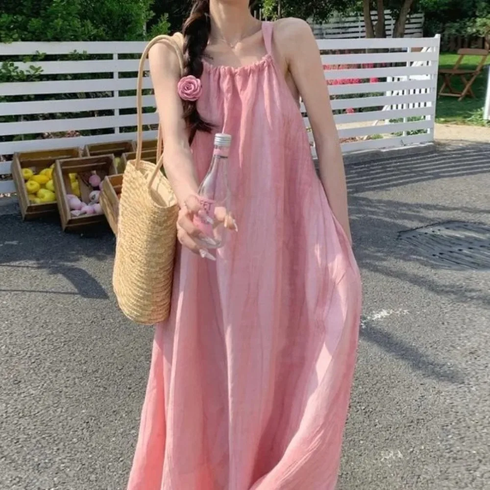 Doce rosa chiffon tanque vestido longo sem mangas verão nova chegada praia férias vestido roupas femininas enrugado bolso design