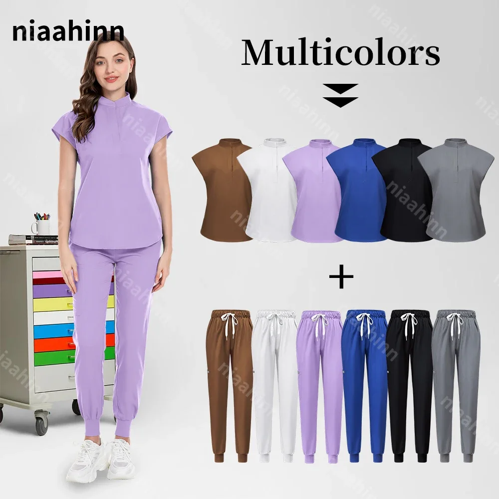 Nursing Uniform Women Scrubs Uniforms Short Sleeved Tops+jogger Pants Set Multicolor Pet Grooming Doctor Scrubs Medical Workwear