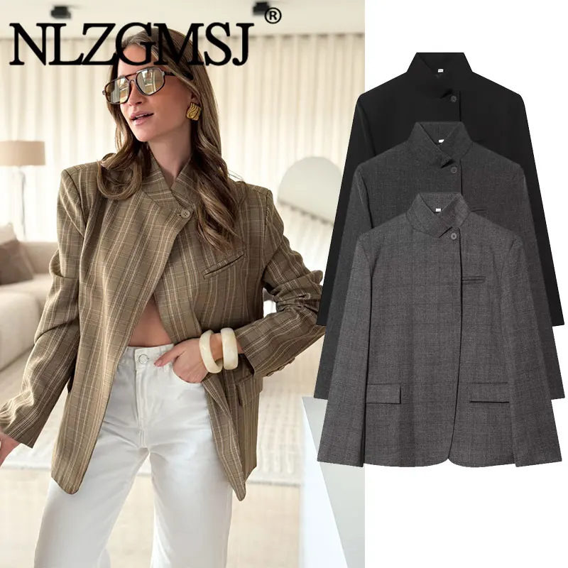 Nlzgmsj 206 Spring Women's Plaid Stand Collar Blazer Asymmetric Button Down Oversized Blazer Office Lady Workwear