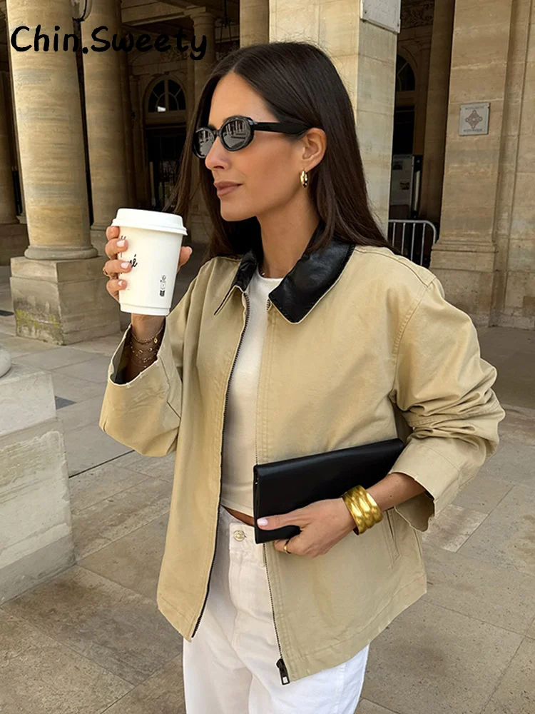 

Casual Patchwork Pockets Short Jackets Women Loose Lapel Long Sleeve Zipper Coat Female 2025 Spring Summer Lady Streetwears New