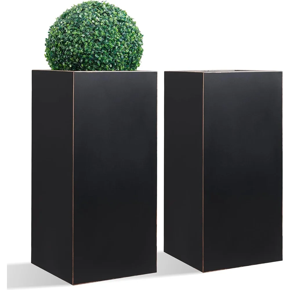 Metallic Heavy Planter for Outdoor Plants, 14Lx14Wx30H Inches, Tall Metal Planter Box with Hand Brushed Gold Edge