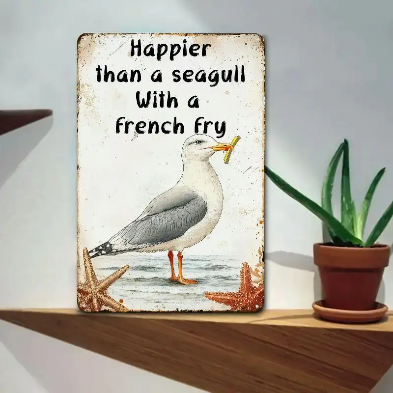 Funny Seagull French Fry Tin Metal Signs – Coastal Nautical Wall Art with Rustic