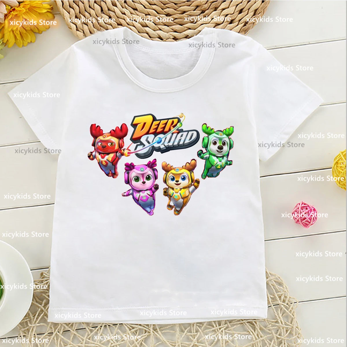 

2024 New Kids Tshirt Anime Deer Squad Cartoon Print T-Shirt For Boys Fashion Trend Boys Girls Universal Clothing White Shirt Top